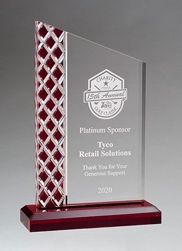 Zenith red metallic with silver lattice and clear acrylic recognition award.