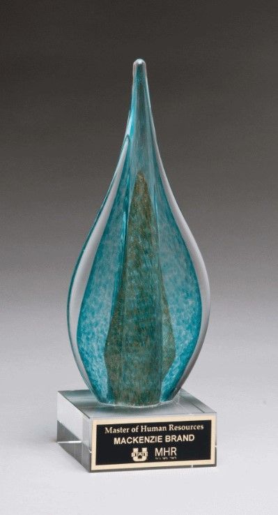 Aqua effect teardrop flame shaped art glass award.