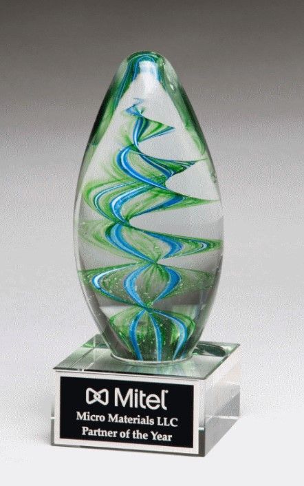 Blue and green egg shape art glass recognition award.