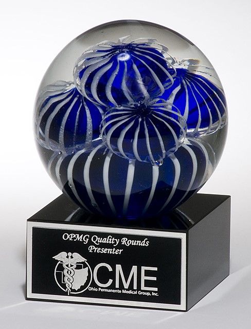 Blue and white glass ball art glass recognition award.