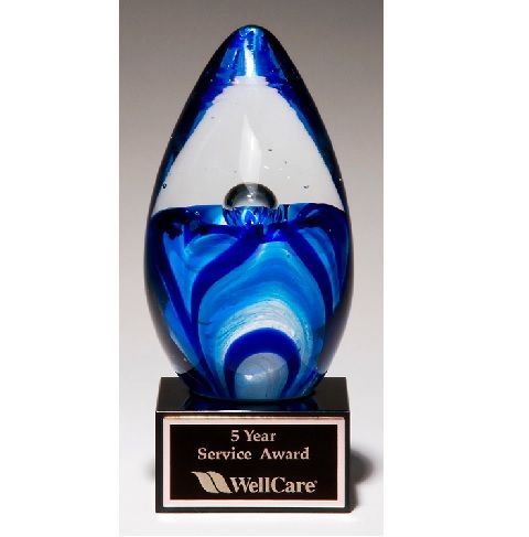 Blue egg shape art glass recognition award.