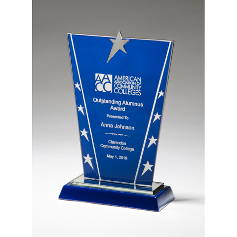Constellation blue glass recognition award with silver stars.