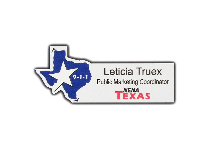 Texas/corporate logo shaped name badge.