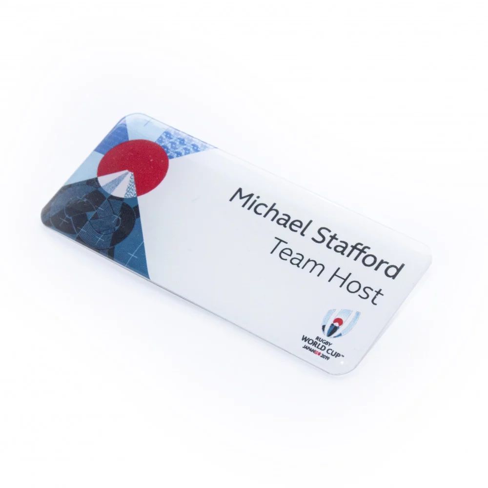 Domed thermal printed name badge.