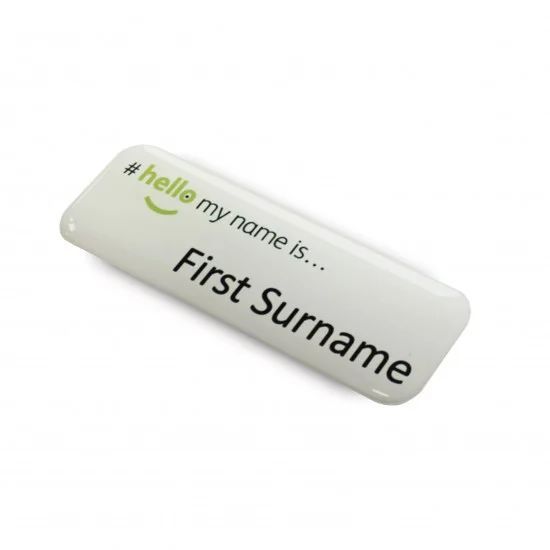 Domed thermal printed name badge.