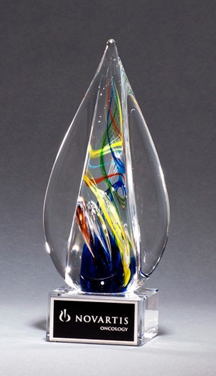 Flame shaped art glass recognition award.