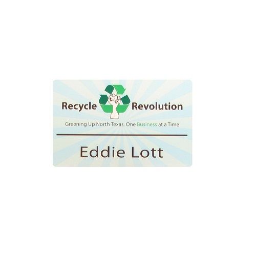 Sublimated white aluminum name badge with corporate logo and name.