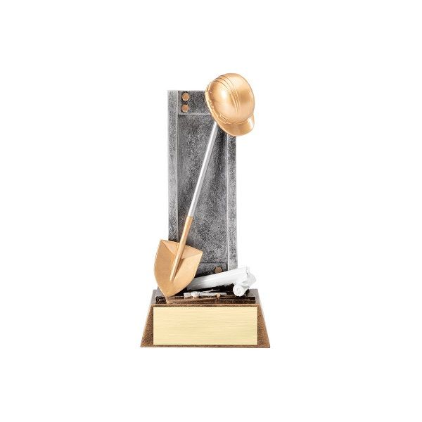Groundbreaking construction trophy with shovel and beam.