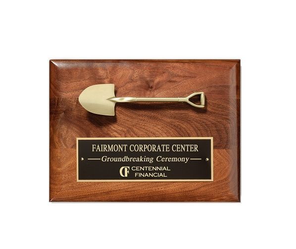 Groundbreaking shovel plaque.