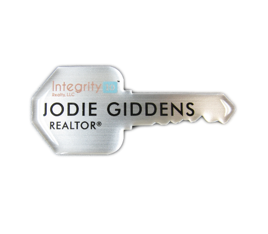 Laser engraved and UV printed key shaped name badge with protective dome.