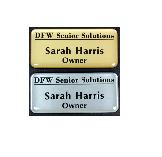 Silver and gold laser engraved name badges, featuring protective doming.