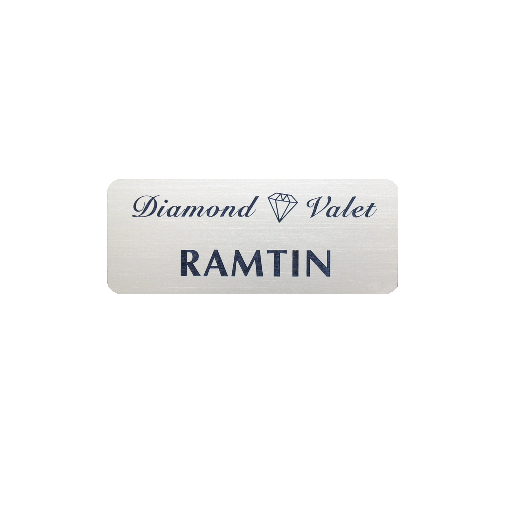 Laser engraved name badge with logo, wording, and name.