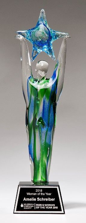 Outstretched arms star achiever blue and green art glass recognition award.