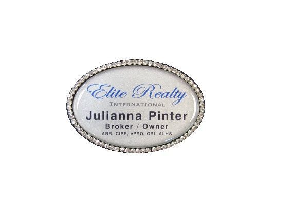 UV printed name badge with protective doming, set in a fancy bling badge.