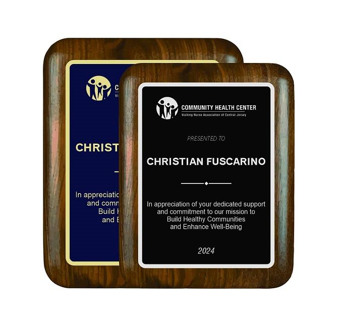 Rounded corner walnut wood recognition award plaque.