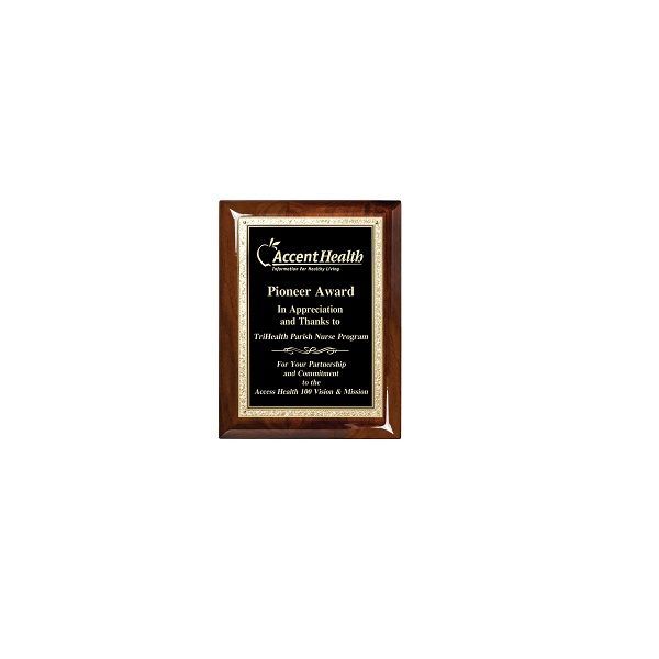 Wood finish custom award plaque with ornate gold accents.