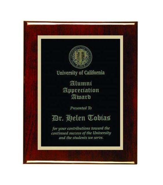 Red rosewood piano finish wooden recognition award plaque with gold edges/lettering.
