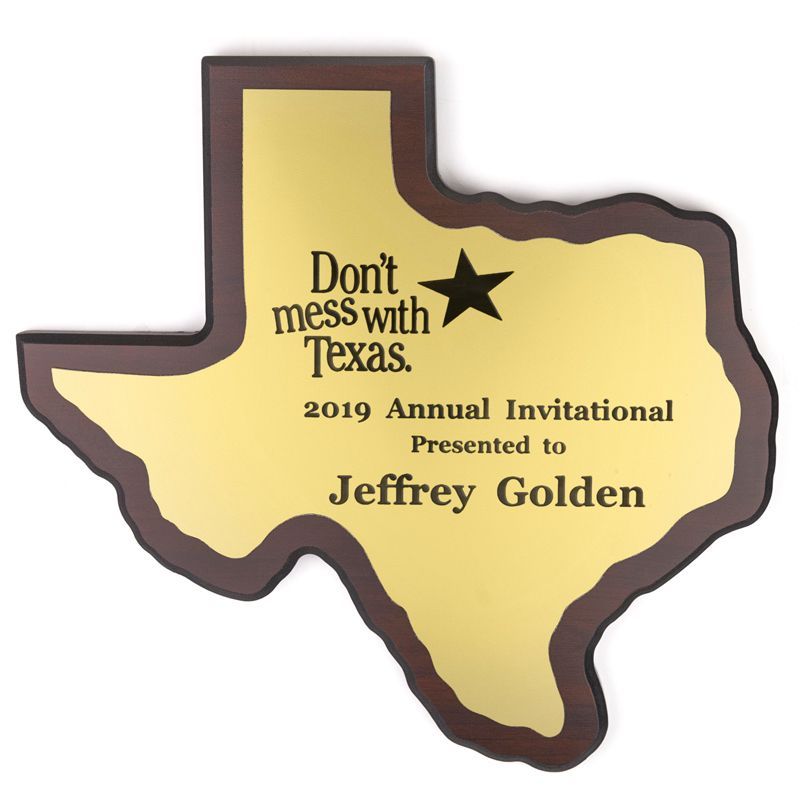State of Texas shaped gold plaque.