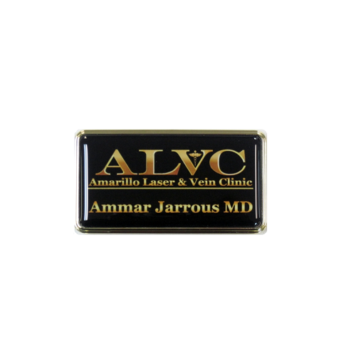 Sublimated gold aluminum name badge with protective dome in gold executive frame.