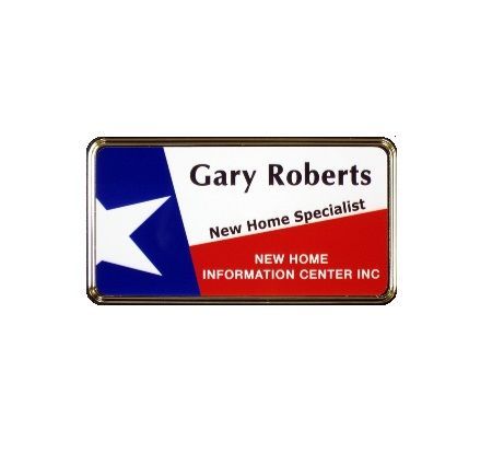 Sublimated white aluminum name badge in silver executive frame.