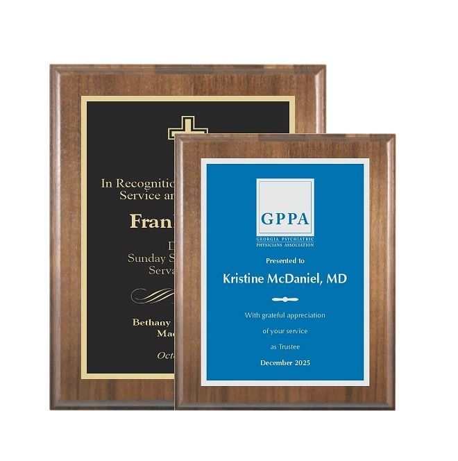 Walnut wooden recognition award plaque with gold edges/lettering with black background.