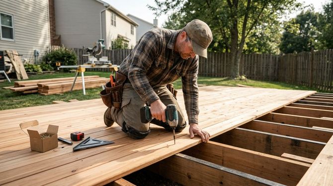 Worker using a circular saw to cut deck boards on a partially built backyard deck.