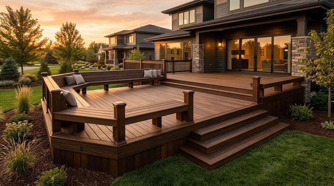 Spacious wooden backyard deck with outdoor seating beside a modern home at sunset