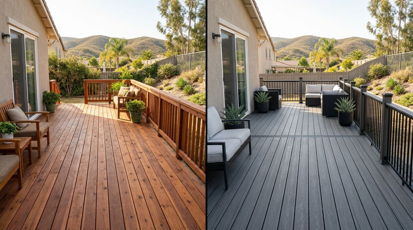 Split-screen deck makeover: warm wood deck beside the same deck painted gray with black railings.