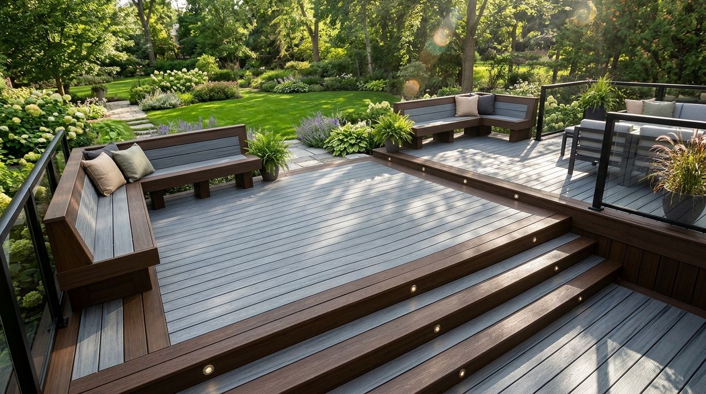 Wooden backyard deck with steps, built-in benches, and a lush green garden surrounding it.