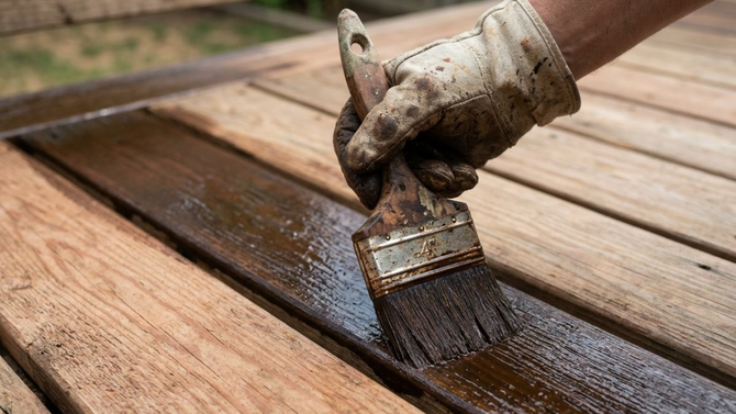 Gloved hand applying dark stain to a wooden deck with a paintbrush
