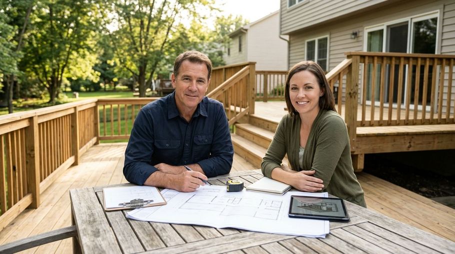 Two people reviewing plans at a wooden picnic table on a sunlit deck beside a house.