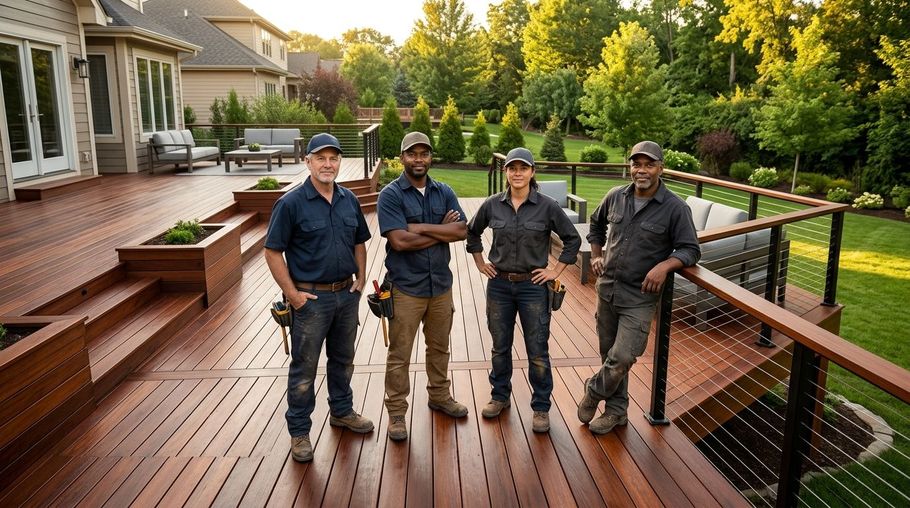 Four workers in dark uniforms stand on a wet wooden deck beside a house and landscaped yard.