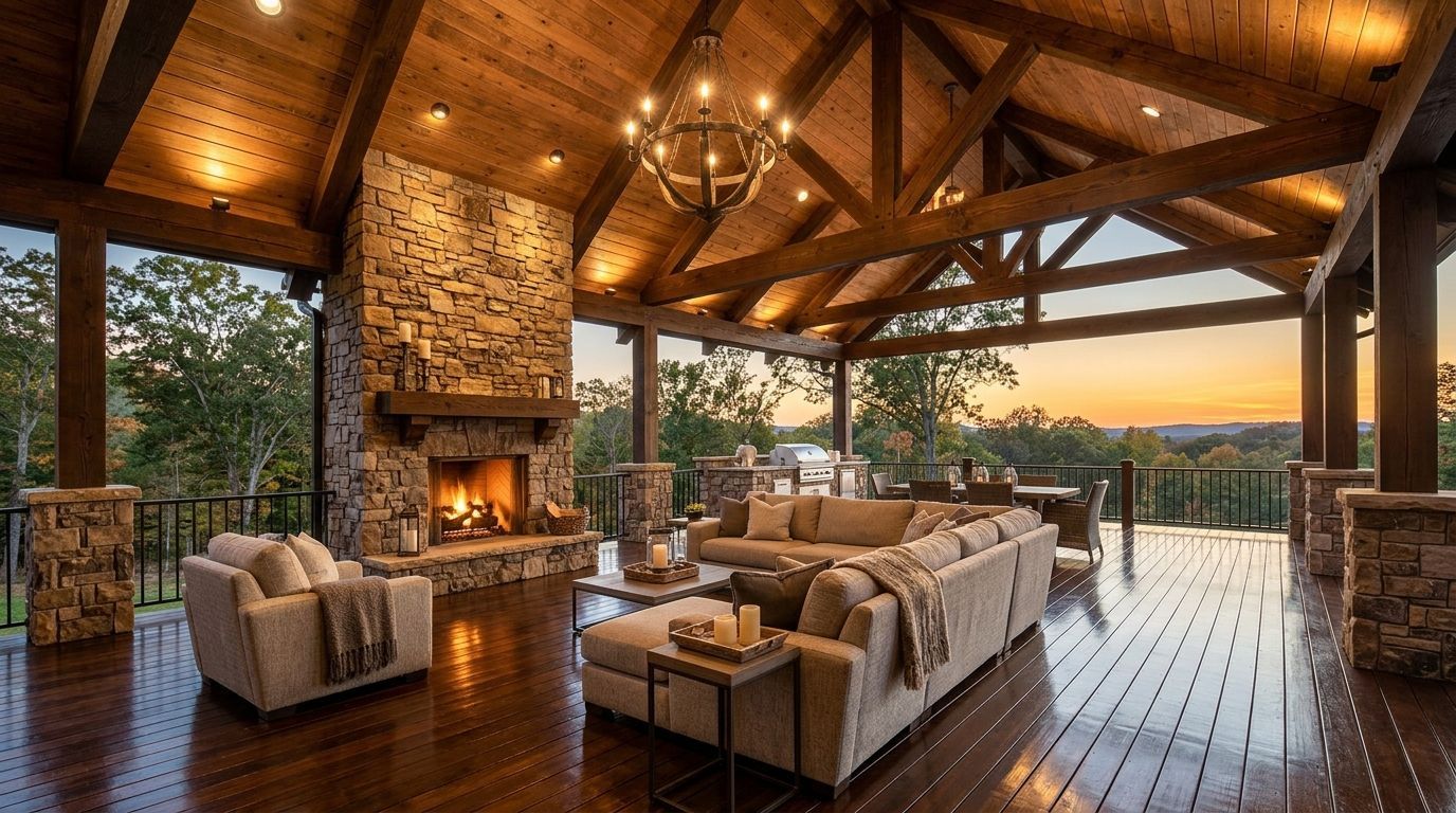 Rustic lodge living room with stone fireplace, leather seating, and sunset views through large windows