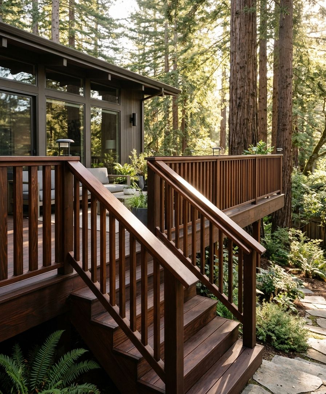 Wooden deck stairs with railing beside a modern cabin in a sunlit forest