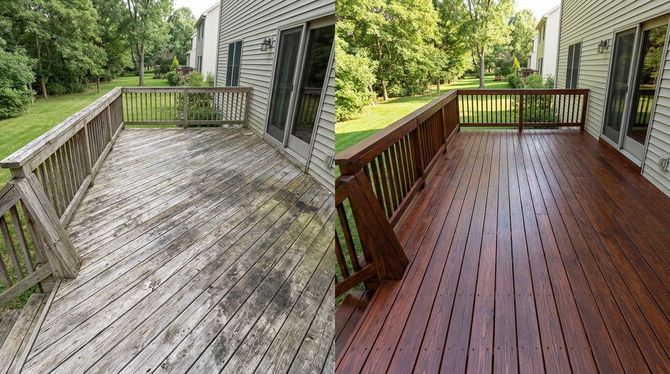 Split view of a weathered wooden deck before and after staining, with railing and trees in the background