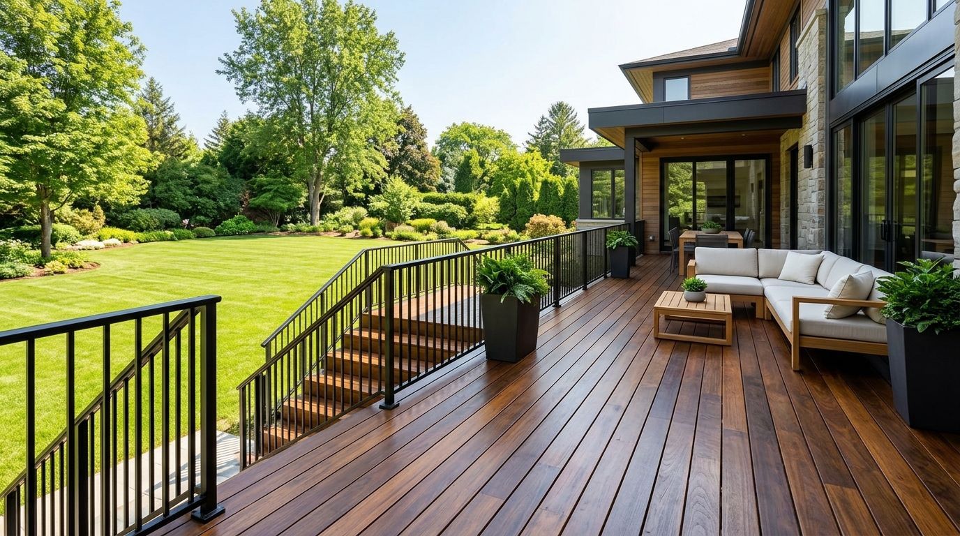 Wooden deck overlooking a green yard, with outdoor seating and black railings beside a modern house.