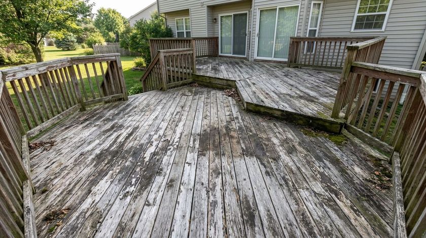 Weathered wooden deck with railings beside a house, showing peeling paint and age