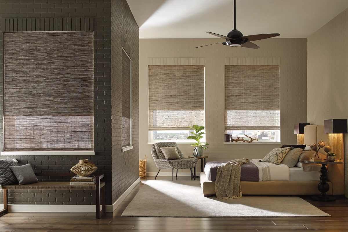 Hunter Douglas Provenance® Woven Wood Shades in a beige bedroom near Elkhorn, Nebraska (NE)