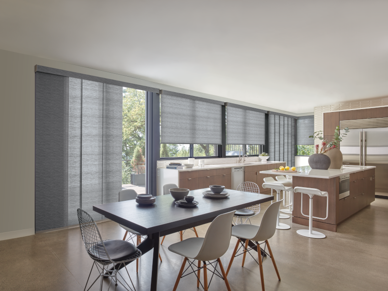 Light-filtering roller shades showing window grids through black trim