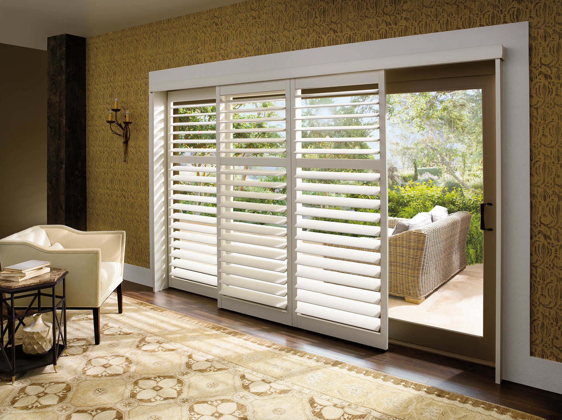 White shutters framed by black window trim in an Elkhorn, NE home