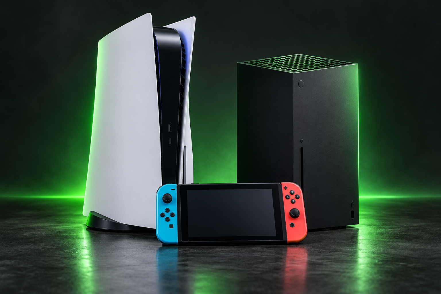 PlayStation 5, Xbox Series X und Nintendo Switch im grünen Studiolicht