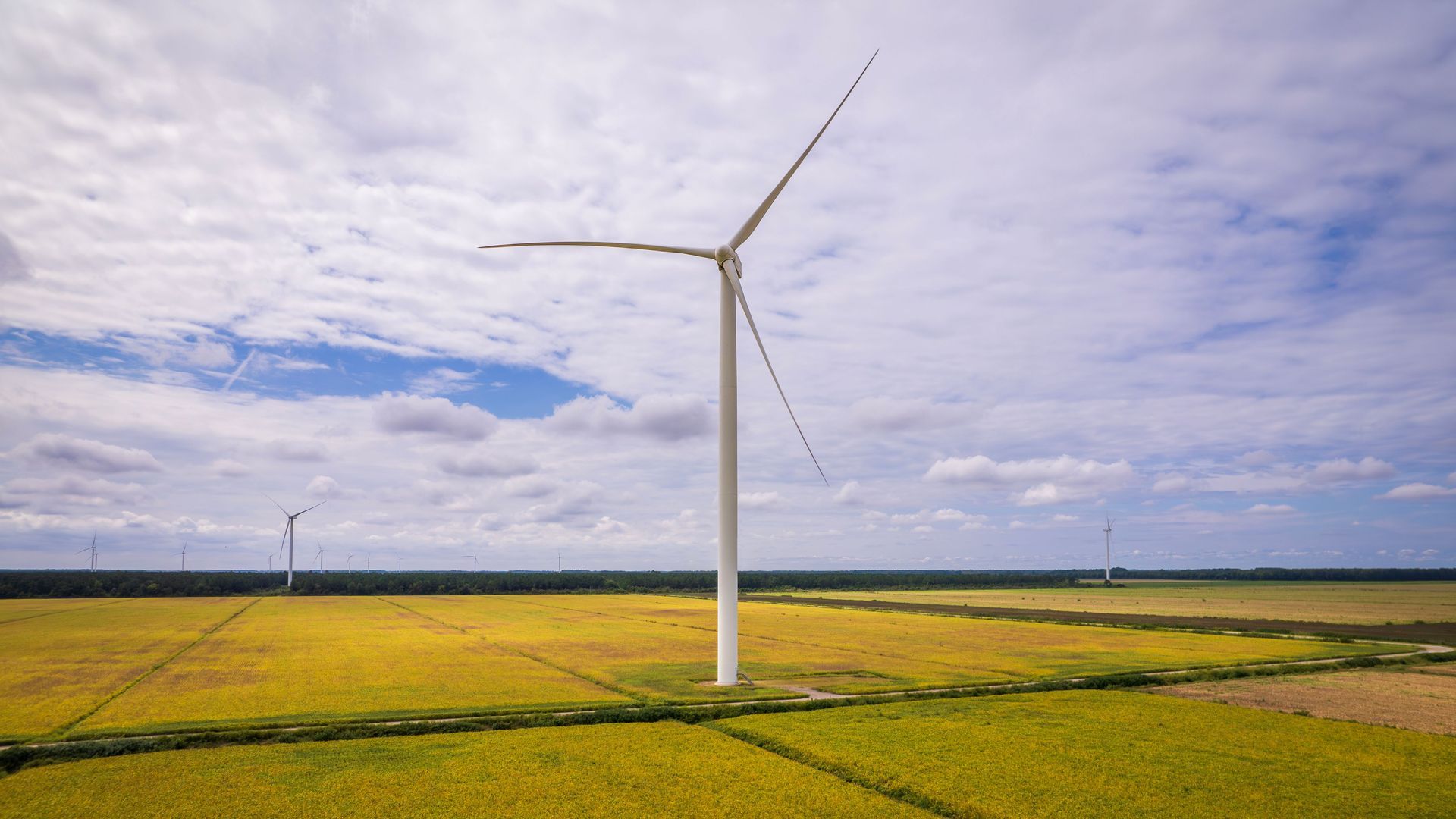 Wind turbines on a farm at sunrise, with one large turbine in the foreground and rows of fields below.