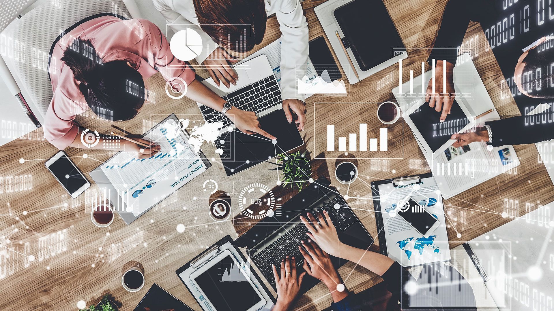 Imaginative visual of business people and financial firms staff . Concept of human resources , enterprise resource planning ERP and digital technology.