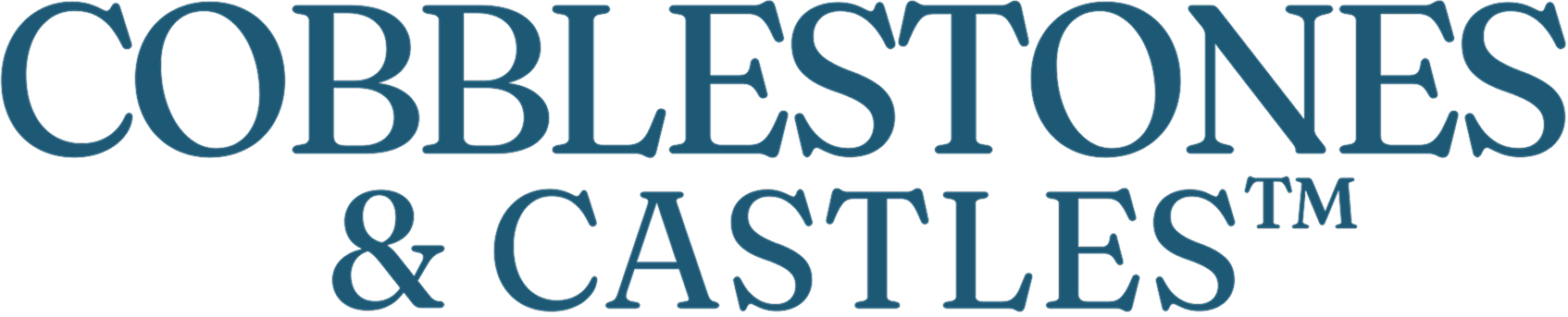 Cobblestones & Castles logo in blue serif text with a small castle icon above the name