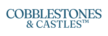 Cobblestones & Castles logo in blue text on a white background