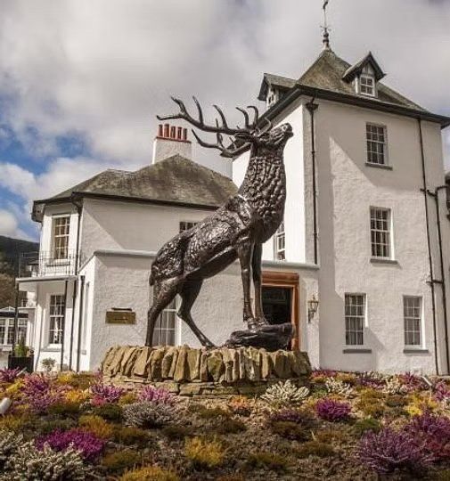 Bronze stag statue in a flower bed outside a white building under a cloudy sky