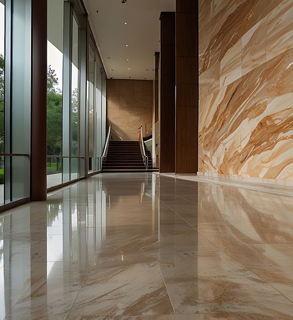 A hallway with stairs and a large window