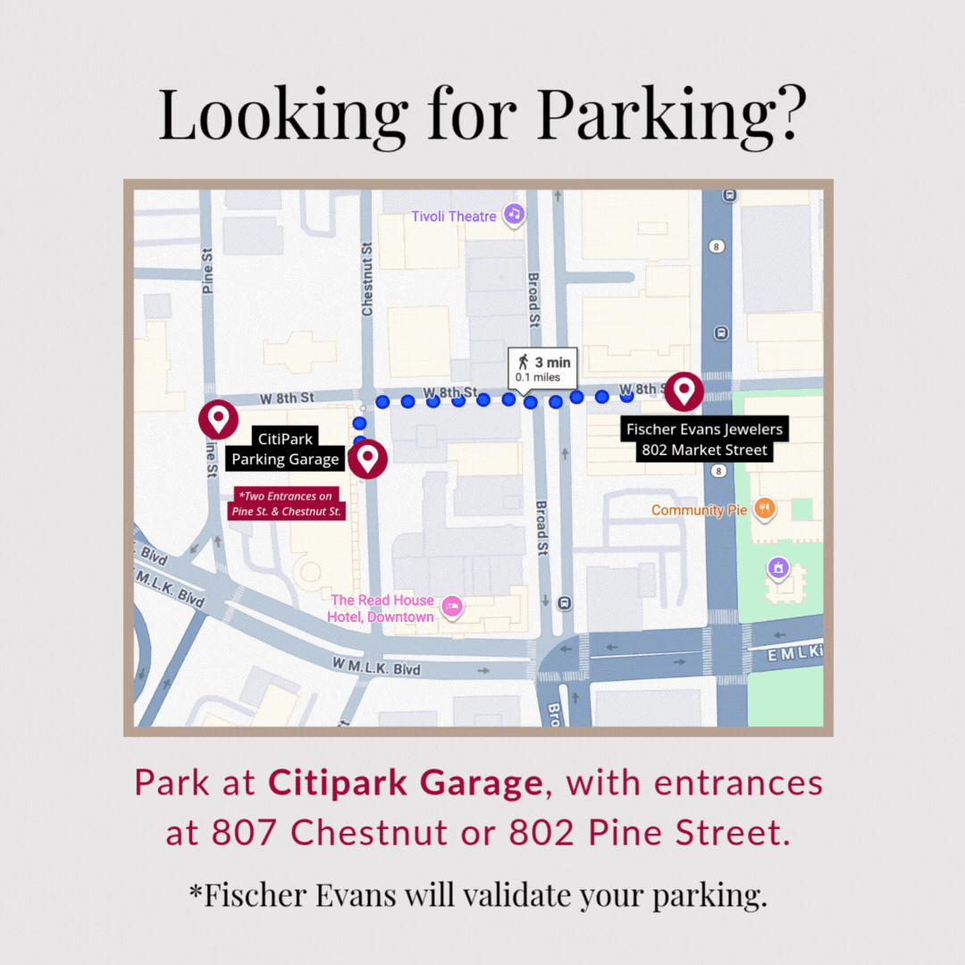 Map with parking directions to Citipark Garage (807 Chestnut or 802 Pine St.) with Fischer Evans validation.