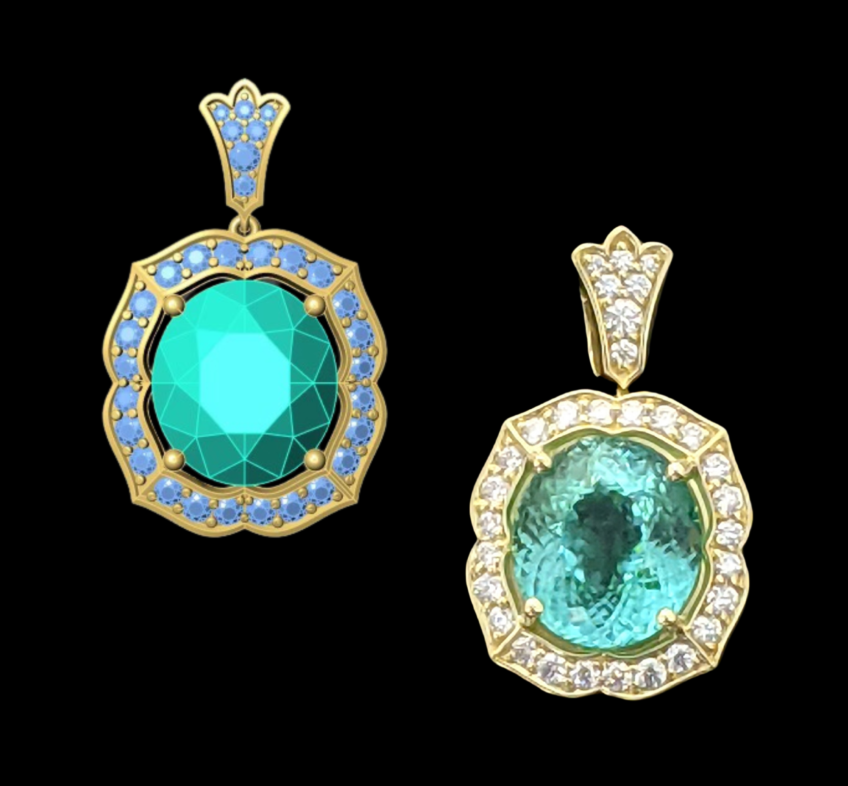 Two gold pendants with large, round turquoise gemstones, surrounded by smaller gemstones.