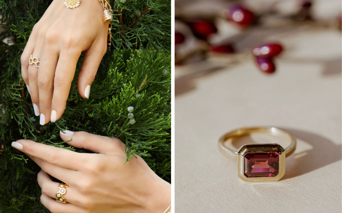 Left: Hands with gold jewelry, touching greenery. Right: Gold ring with pink gemstone.